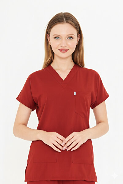 temex KİREMİT RENGİ LİKRALI TEK ÜST SCRUBS HEMŞİRE DOKTOR FORMASI ÜNİFORMA UN...