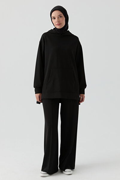 Tuğba Bel Lastikli Nervürlü Örme Pantolon - Siyah