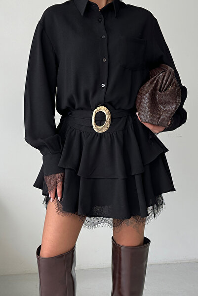 Trend Alaçatı Stili Women's Black Single Pocket Skirt Layered Lace Detailed B...