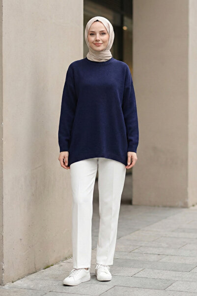 Kirazgym Women's Round Neck Casual Soft Knitwear Sweater Tunic - Navy Blue