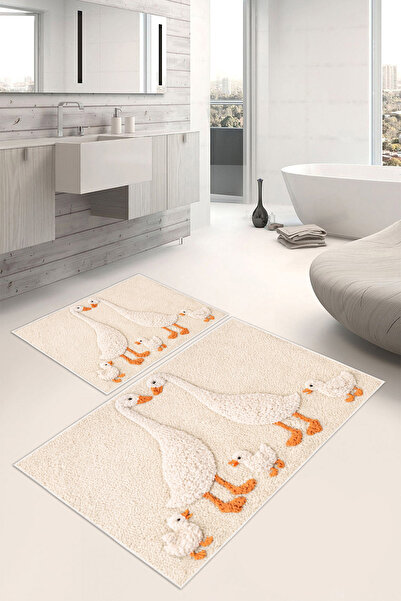 Mortapi Kaz Desenli Krem Dijital Baskılı Kaymaz Taban Yıkanabilir 2’li Banyo ...