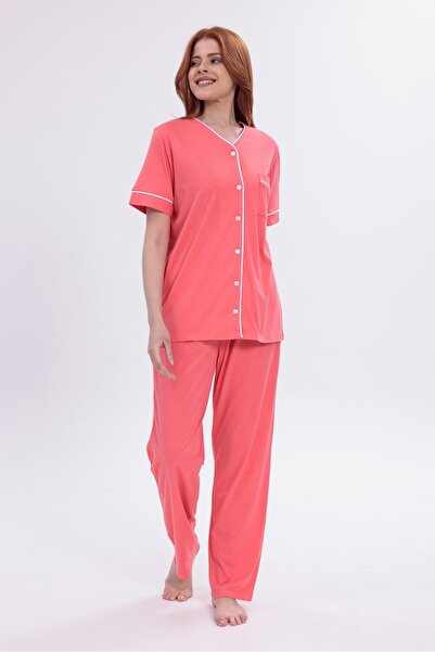 Yulem Homewear Women's Pomegranate Flower Piping Front Buttoned Cotton Short ...