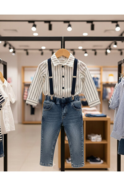 Necix's Erkek Bebek Çİzgili Gömlek Askı Kot Pantolon 2'li Bebek Takımı
