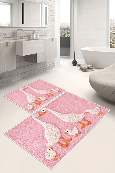 Mortapi Kaz Desenli Pembe Dijital Baskılı Kaymaz Taban Yıkanabilir 2’li Banyo...