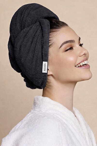 RUIADA 100% Cotton Hair Drying Cap/Towel with Elastic and Buttons Anthracite