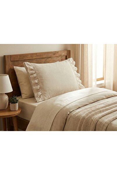 LILYUM %100 Pamuk Dantelli Fırfır Detaylı Ham Keten 2'li Yastık Kılıfı Takımı...