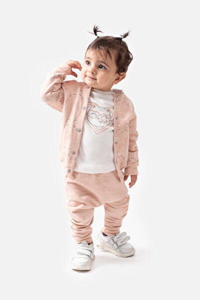 KİDSERİA Baby Girl 3-Piece Set with Kitten Print Detail