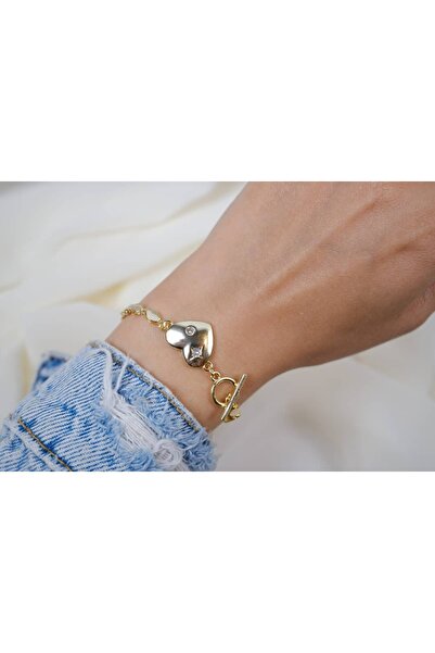 ATELİER TUĞBA Blk236 Gold Bracelet with Heart Motif and Stone Detail (17 cm)