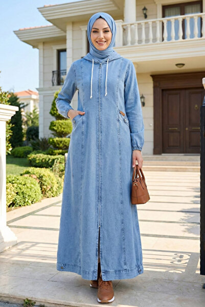 Hb Harma Time Butik Women's Hooded Zippered Open Denim Blue Cap with Pockets