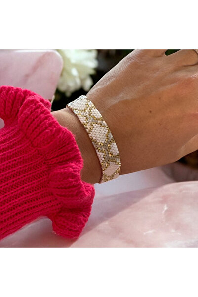 Ezera Naia Wide Bracelet, Elegant Miyuki Beads in White and Gold