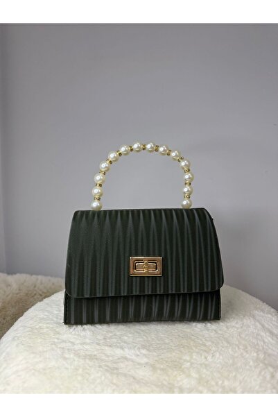 ÖZLEM ÜNAL Women's Hand and Shoulder Bag with Pearl Handle, Chain Strap and L...