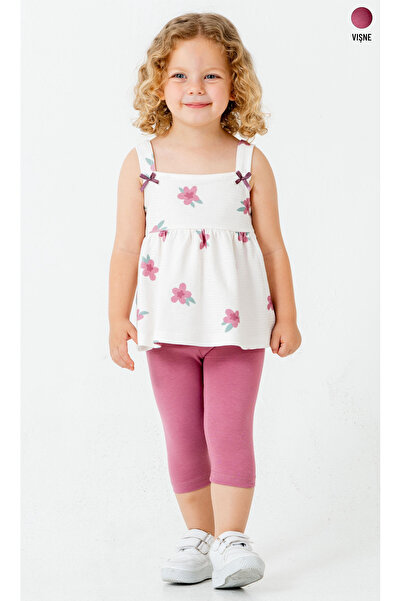 Smile Kids Floral Patterned Strappy Girls' Set (Blouse & Capri Leggings)