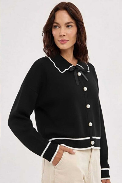 Swana Women's Bow Tie Polo Collar Knitwear Cardigan-Black