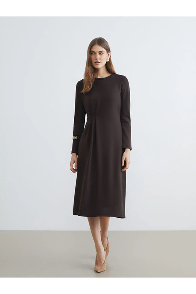 LC Waikiki Brown Crew Neck Gathered Dress