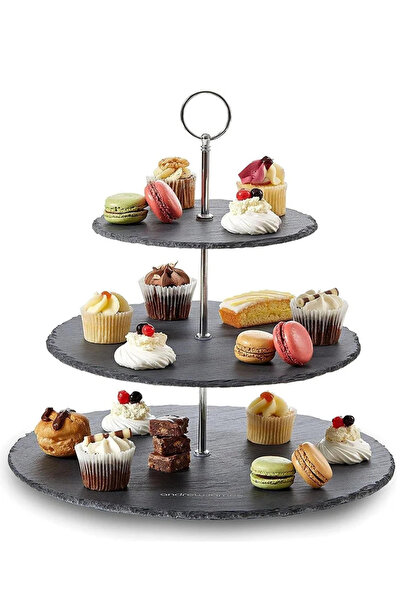 1Chase Natural Black Stone 3-Tier Round Slate Cake Stand with Chrome Carry Loop