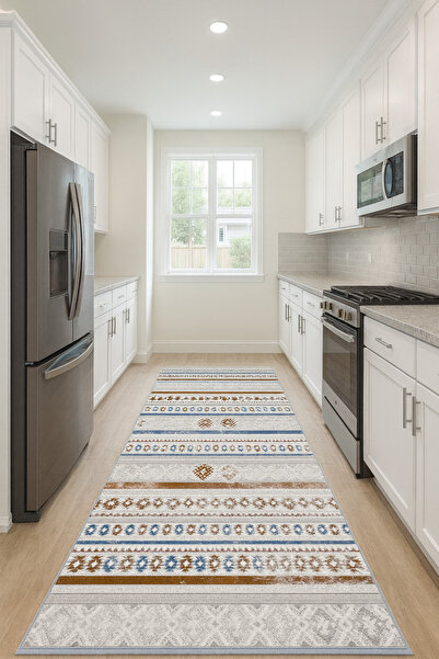 DOREM DİJİTAL BASKILI Kaymaz Taban Yıkanabilir Modern Mutfak Halısı Salon Hal...