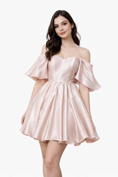 incitanesii Omuz Dekolteli Saten Mini Abiye Elbise Volan Kollu