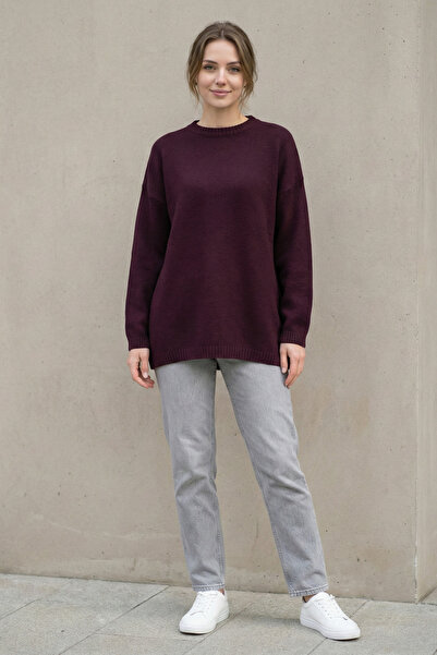 Kirazgym Women's Round Neck Casual Soft Knitwear Sweater Tunic - Burgundy