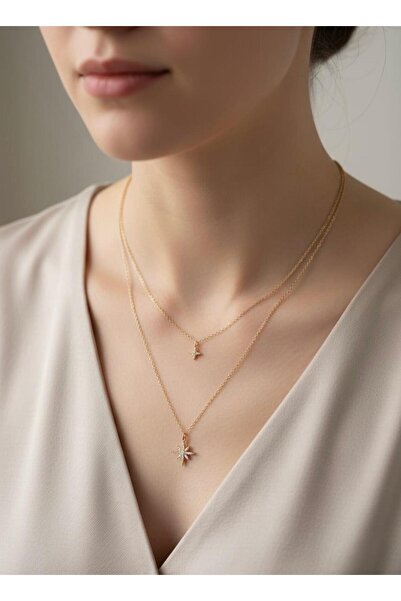 Universal Kadın Gold İkili Zincir Yıldız Kolye - Işıltılı Zirkon Taşlı Layer ...