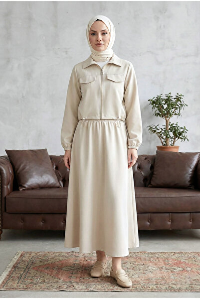 MODAQU Zippered Waist, Elastic Sleeves, Dabl Fabric Double Set - Beige