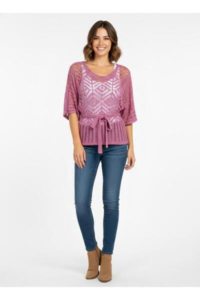 Cockatoo Openwork Waist-Tie Women's Knitwear Blouse & Batwing Sleeves Relaxed...
