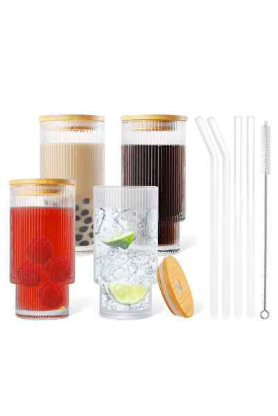 1Chase طقم من 4 أكواب شرب مضلعة من زجاج البوروسيليكات مع شفاطات وغطاء من الخي...