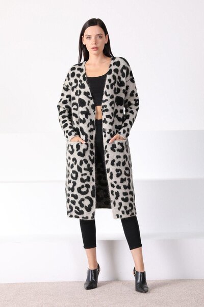 Ferraro Camel Leopard Patterned Wool Blend Women's Knitwear Cardigan