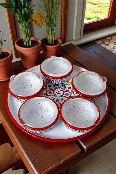 İnci Emaye طقم فطور مكون من 6 قطع، حجم متوسط، مع أغطية، مزخرف بالمينا، للتقدي...