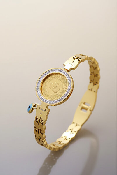 AY MÜCEVHER 22 Ayar Çeyrek Altınlı Çelik Kelepçe Bileklik