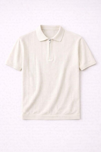 Valiberta Ritchie Zippered Polo Collar Vertical Striped Short Sleeve Slim Kni...