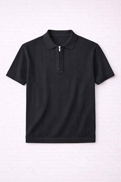 Valiberta Ritchie Zippered Polo Collar Vertical Striped Short Sleeve Slim Kni...