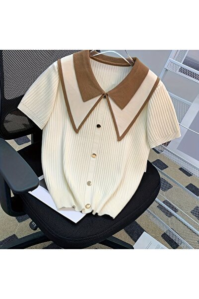 NATUFIAN STORE Women's Long Collar Contrast Buttoned Knitwear Women's T-Shirt