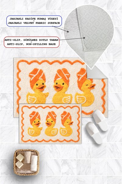 Mortapi Duck Patterned Orange Digital Printed Non-Slip Base Washable 2-Piece Bath Mat 50X60-60X100