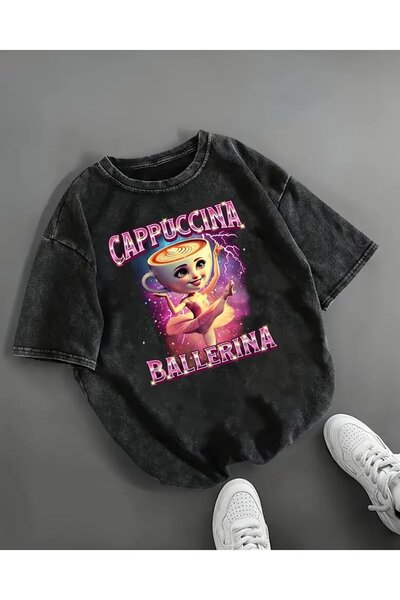 Le Savu Washable Cappuccino Ballerina Printed Unisex Oversize Vintage T-Shirt