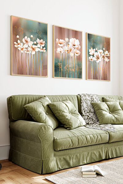 kutuTR Ahşap Çerçeveli 2D UV Baskı 3'lü Tablo set–İnce Uzun Dallı Estetik Flo...