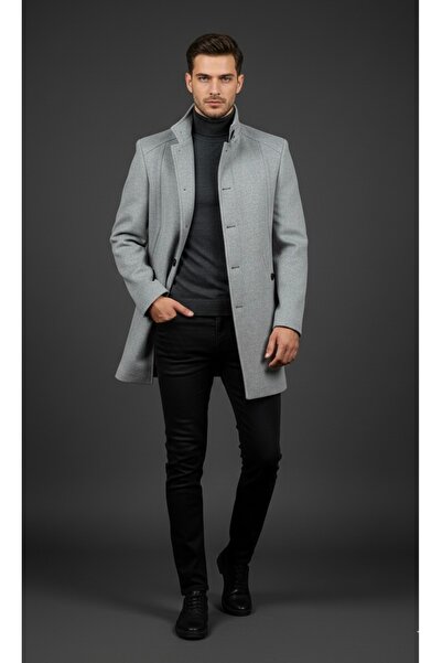 SAVARA Men's Light Gray Slimfit Mid-Length Coat