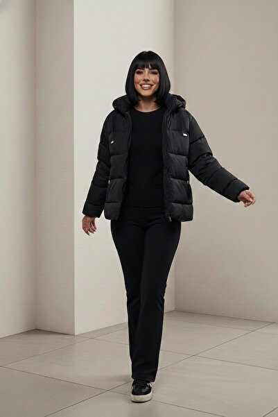 ALFUDO Moda Collection Black Women's Coat with Hood and Inflatable Zipper