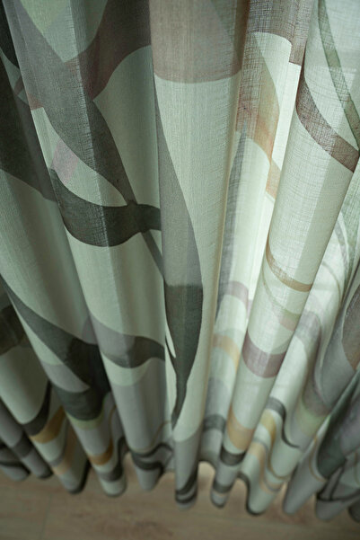 QUBA DECO Floral Patterned Green Stylish Natural Linen Textured Tulle Curtain Living Room Bedroom Children's Room