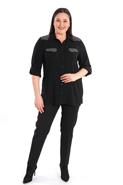 Metpoint Trend42Plus Large Size Stone Printed Black Woven Shirt