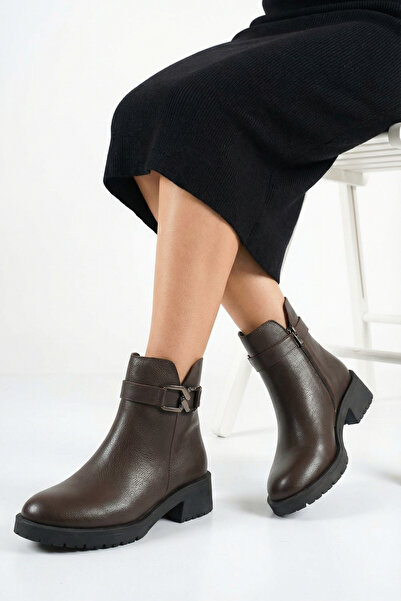 GRADA Brown Printed Genuine Leather Buckle Women's Boots Short Heeled Women's...