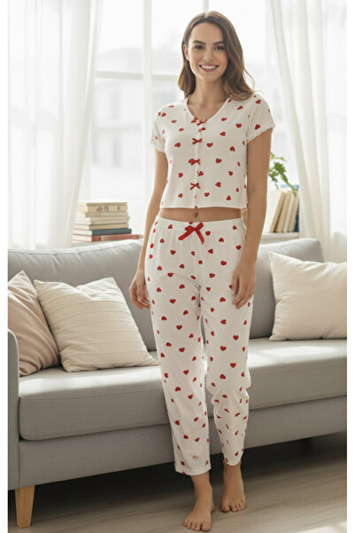 YusGos Women's Short Sleeve + Capri Heart Bow Valentine's Day Cotton Pajama Set