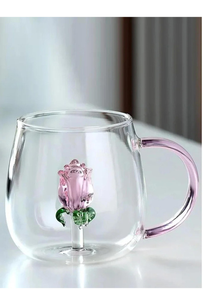 1Chase Borosilicate 3D Coffee Cup with Handle 300ml, Flower
