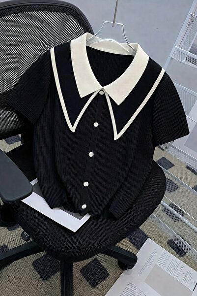 NATUFIAN STORE Γυναικείο πλεκτό μπλουζάκι με μακρύ γιακά και κουμπιά σε αντίθεση