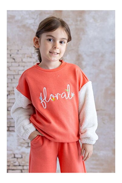 LC Waikiki Kırmızı Kız Çocuk Pelüş Kol Detaylı Nakışlı Sweatshirt - Narçiçeði