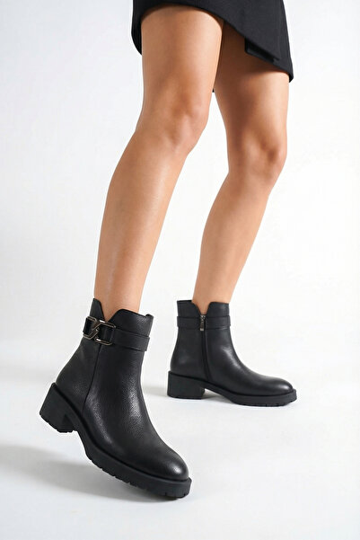 GRADA Black Printed Genuine Leather Buckled Women's Boots Short Heeled Women'...