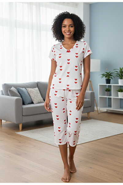 YusGos Women's Short Sleeve + Capri Heart Bow Valentine's Day Cotton Pajama Set