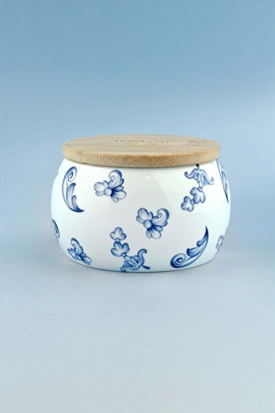 Bursa Porselen Dekor Blue blanc bambu kapaklı porselen saklama kabı