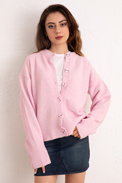 zhrcelebi Yumoş Textured Knitwear Cardigan 70145 - Pink