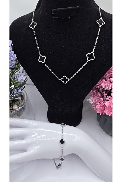 ahsenaksesuar2025 Siyah Yonca Van Cleef Çelik Set - Büyük Kolye Küçük Bilekli...