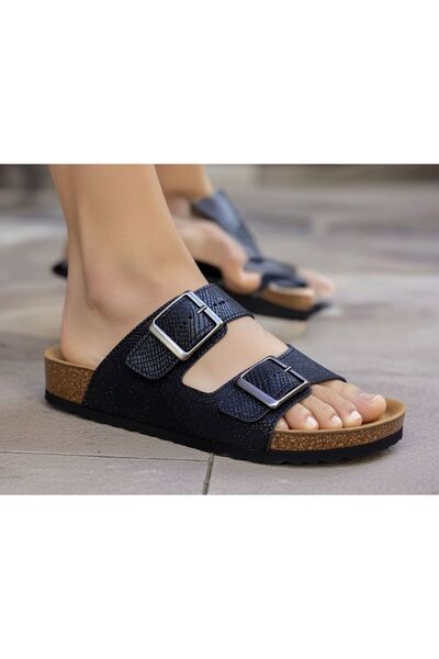 Budaks Women's Black Double Buckle Cork Sole Slippers Lightweight Comfortable